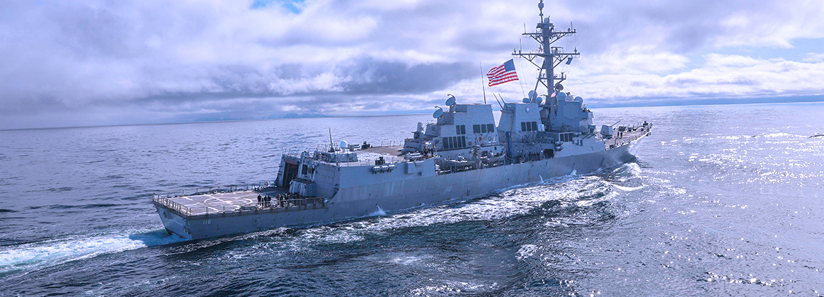 USS Thomas Hudner (DDG 116) sails alongside the Arleigh Burke-class guided-missile destroyer USS Bulkeley (DDG 84)